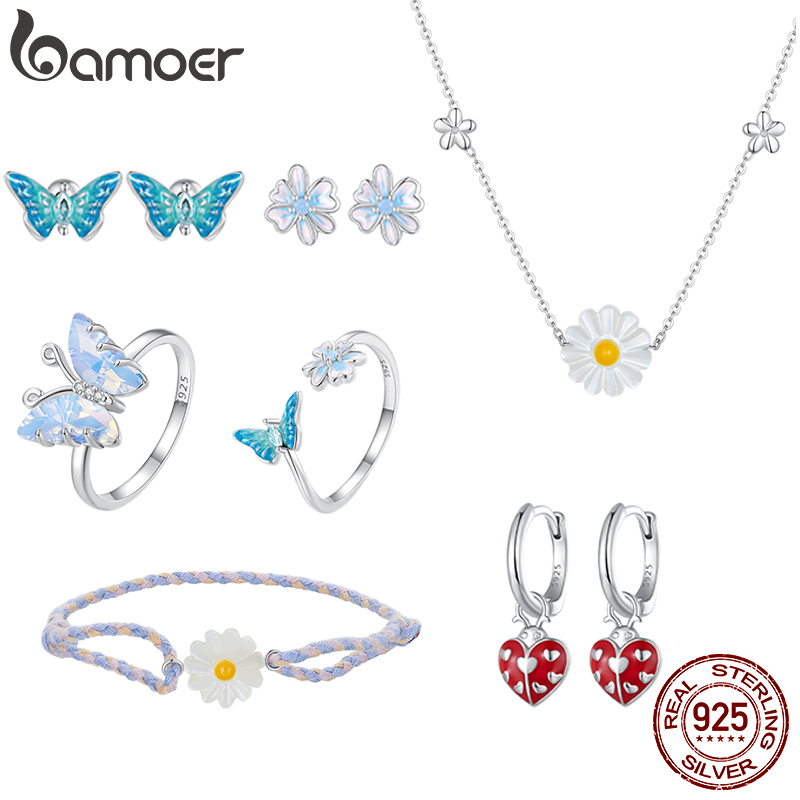 Set trang sức BAMOER Bạc 925 hình bướm và hoa cúc độc đáo