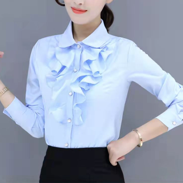 Áo Sơ Mi Chiffon Cổ Đứng Tay Dài Phối Ren Phong Cách Hàn Quốc Dành Cho Nữ