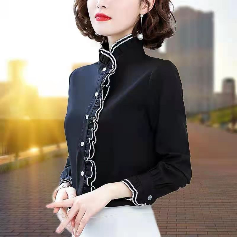 Áo sơ mi dài tay sóng sọc trắng bên S-3xl thiết kế đường viền cổ đặc biệt dành cho nữ