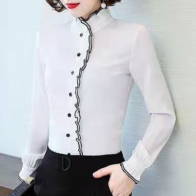Áo sơ mi dài tay sóng sọc trắng bên S-3xl thiết kế đường viền cổ đặc biệt dành cho nữ