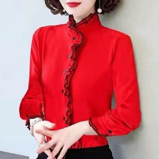 Áo sơ mi dài tay sóng sọc trắng bên S-3xl thiết kế đường viền cổ đặc biệt dành cho nữ