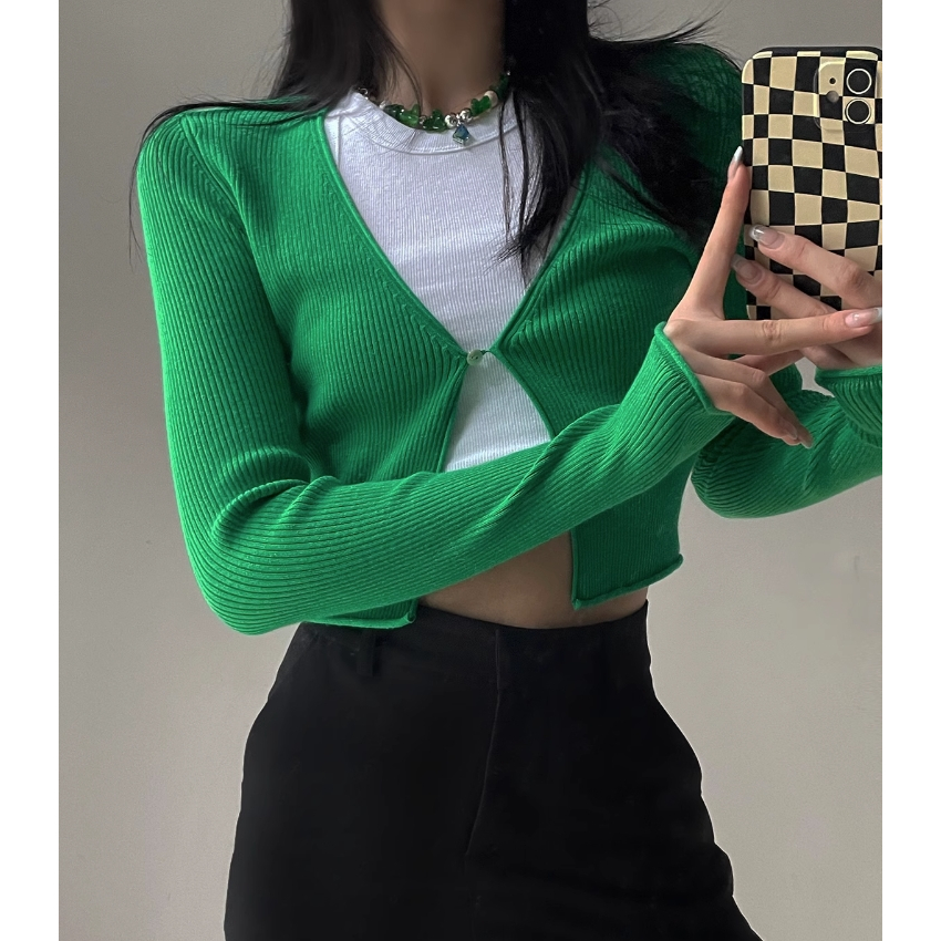 Áo Khoác Cardigan Dệt Kim Dáng Ôm Ngắn Cài Một Hàng Nút Gợi Cảm Phong Cách Âu Mỹ Hàng Mới Dành Cho Bạn Nữ