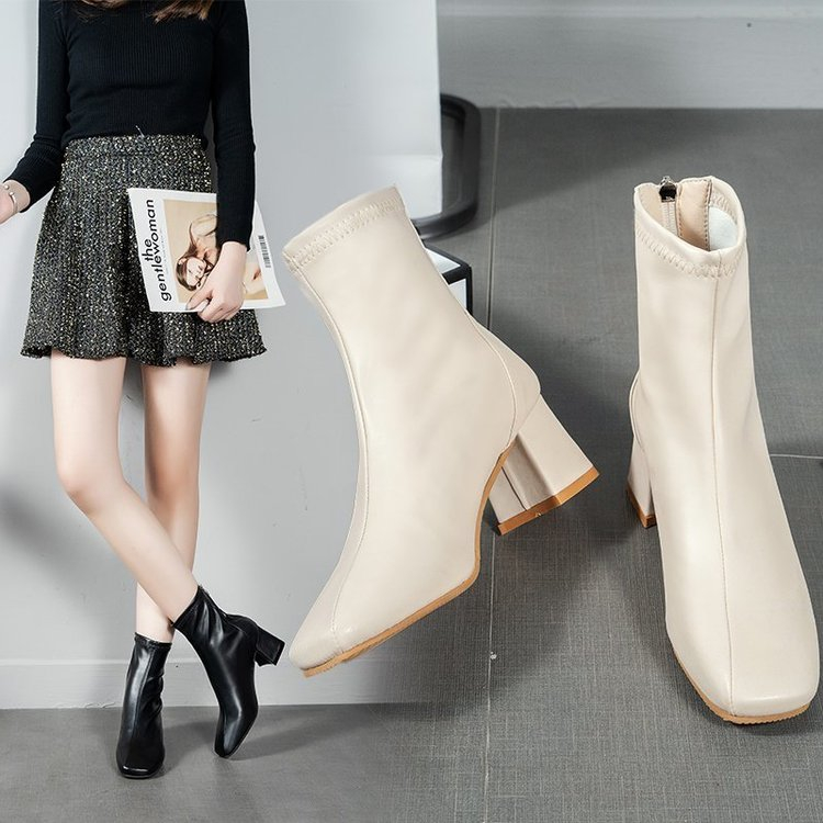 JINxCHOY SHOES Giày Bốt Da PU Cao Gót 6CM Mũi Vuông Phối Khóa Kéo Sau Thời Trang Chống trượt thời trang thoải mái khởi động ngắn khởi động khí chất khởi động