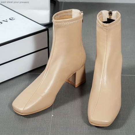 JINxCHOY SHOES Giày Bốt Da PU Cao Gót 6CM Mũi Vuông Phối Khóa Kéo Sau Thời Trang Chống trượt thời trang thoải mái khởi động ngắn khởi động khí chất khởi động