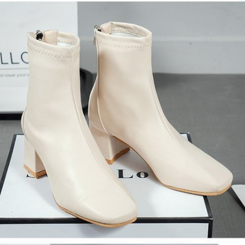 JINxCHOY SHOES Giày Bốt Da PU Cao Gót 6CM Mũi Vuông Phối Khóa Kéo Sau Thời Trang Chống trượt thời trang thoải mái khởi động ngắn khởi động khí chất khởi động