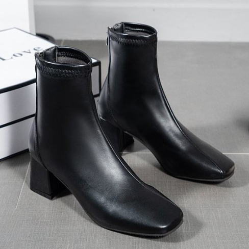 JINxCHOY SHOES Giày Bốt Da PU Cao Gót 6CM Mũi Vuông Phối Khóa Kéo Sau Thời Trang Chống trượt thời trang thoải mái khởi động ngắn khởi động khí chất khởi động