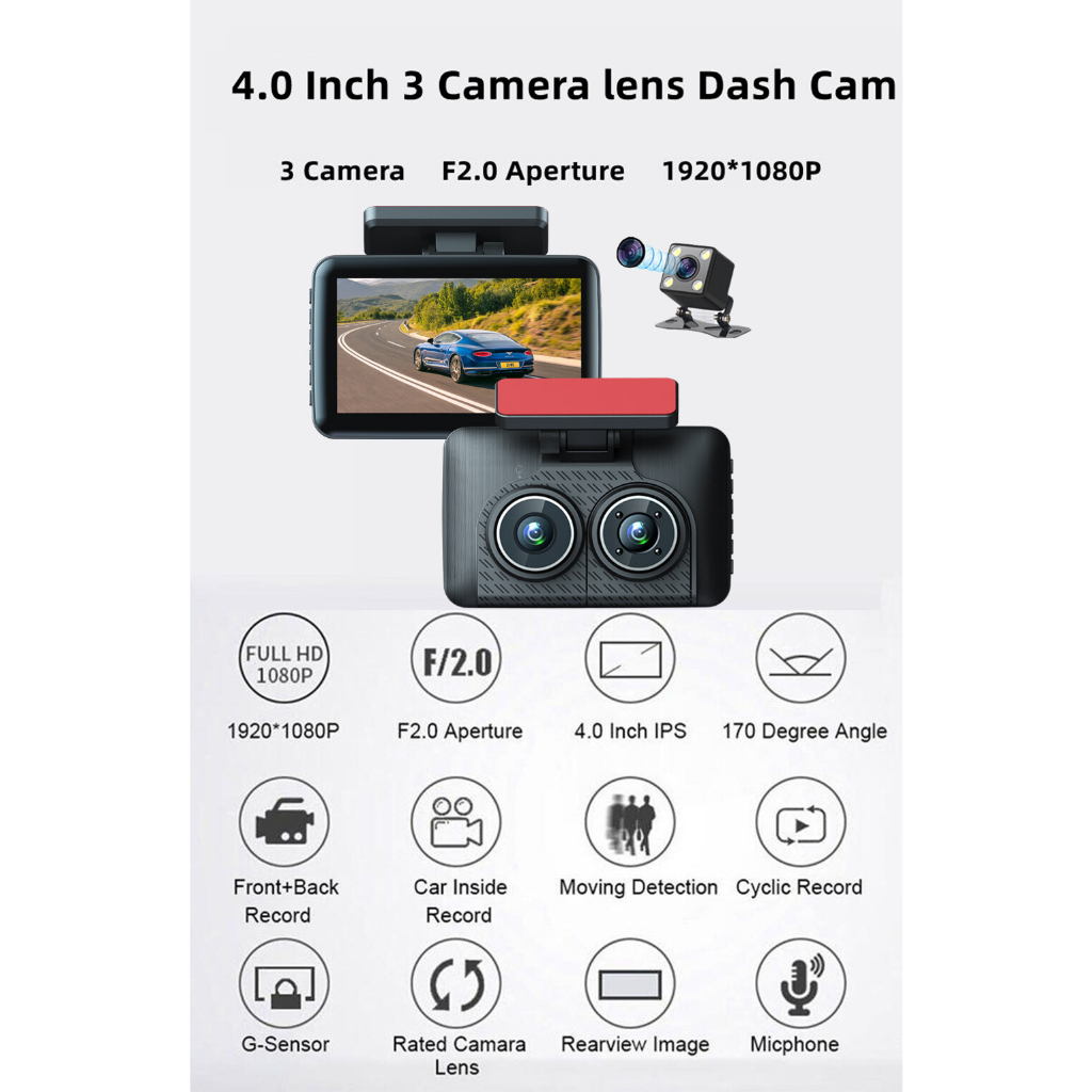 Ảnh Camera Hành Trình DVR 4.0 Inch 3 Lens HD 1080P Góc Rộng 360 Độ Cho Xe Hơi 2