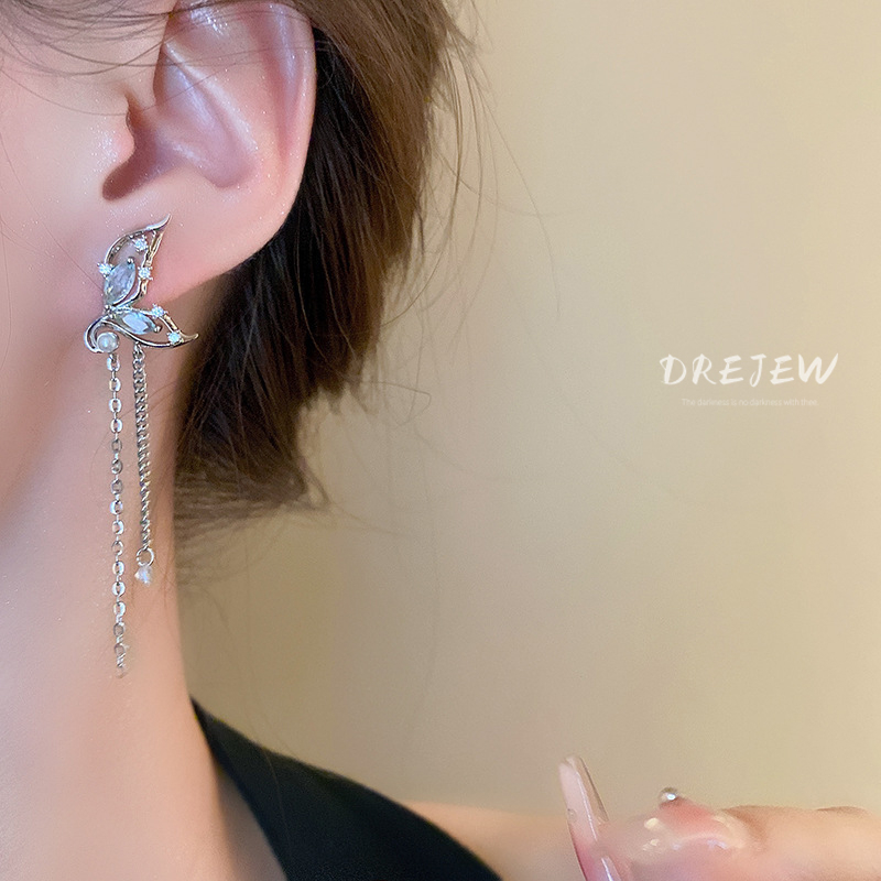 Ảnh DREJEW Bông Tai Dáng Dài Hình Bướm Đính Đá Zircon Phong Cách Hàn Quốc Thời Trang Cho Nữ 2