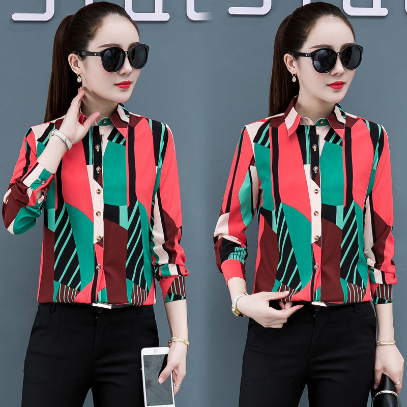 Áo Sơ Mi Nữ Tay Dài In Hoa Lá Đỏ Chống Ngáy OL S-5xl Màu Đen Mới
