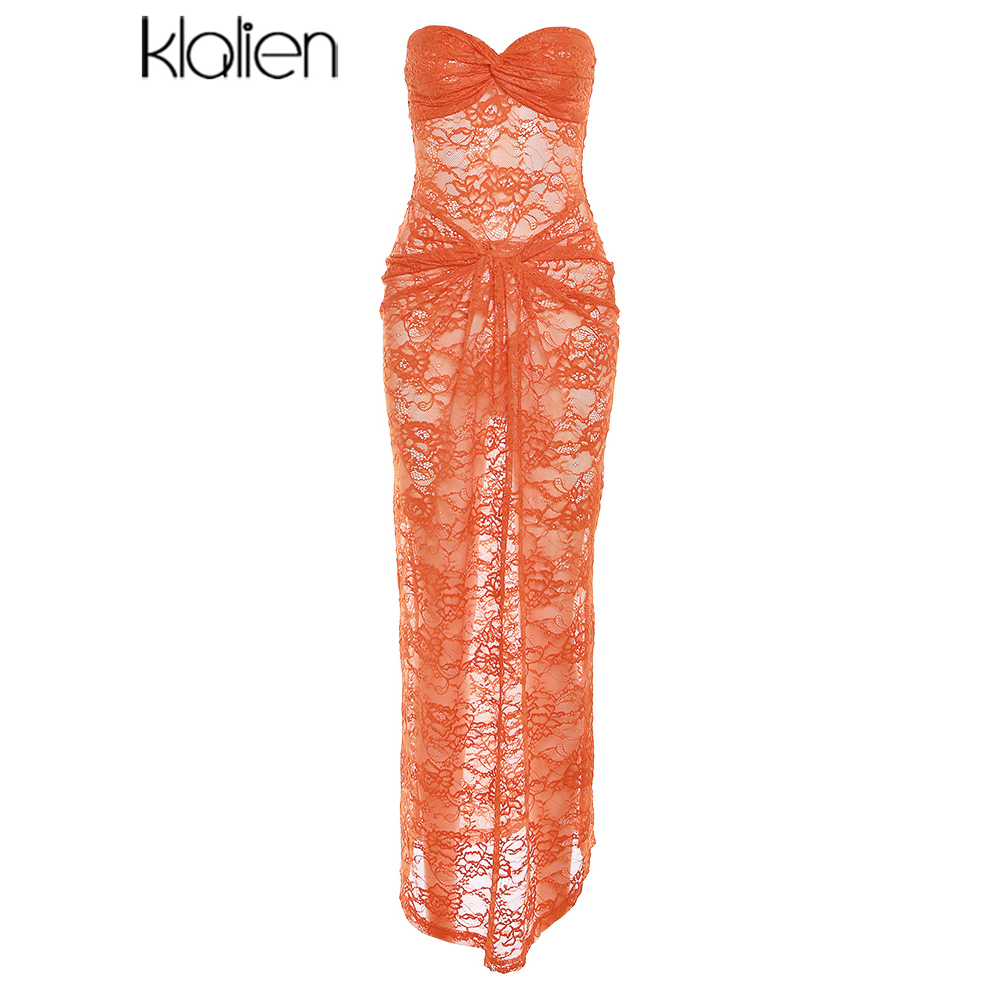 Klalien Đầm Maxi Ren Hở Lưng Xuyên Thấu Quyến Rũ Cho Nữ