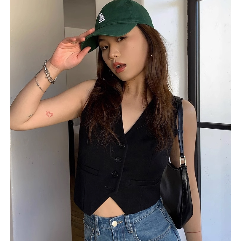 Crazy Heart ~ Áo Khoác Ghi Lê Ôm Dáng Không Tay Ngắn Eo Cao Cổ Chữ V Màu Đen Trơn Đơn Giản Phong Cách Hàn Quốc Mặc Ngoài