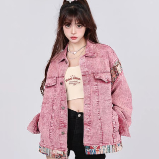 Áo Khoác denim Tay Dài Màu Hồng Phong Cách retro Mỹ Dành Cho Nam Nữ