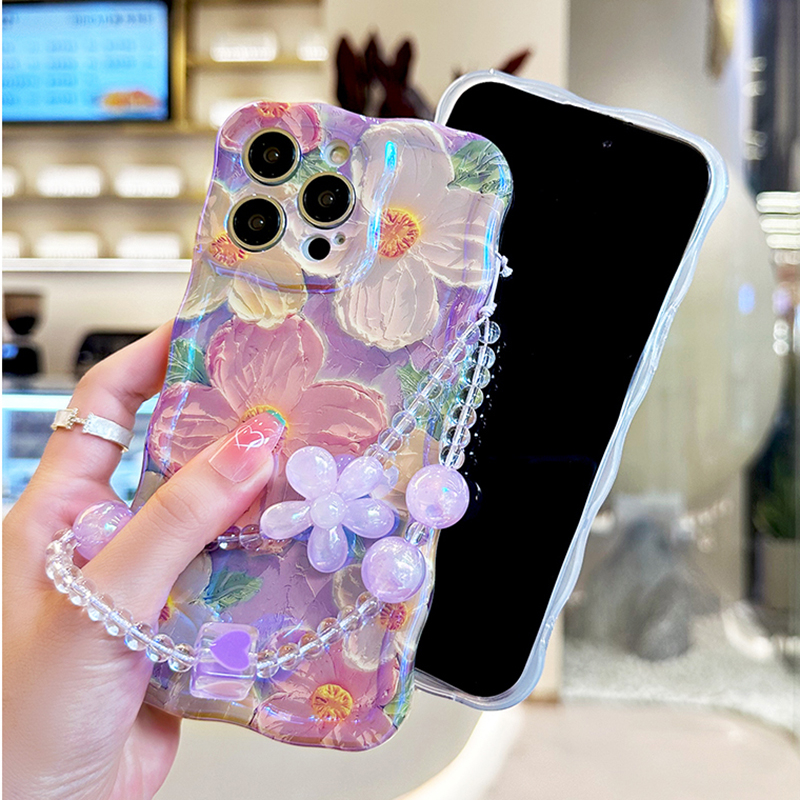 Dành Cho iPhone 16e 16 11 Pro Max Màu Xanh Ánh Sáng Tranh Sơn Dầu Hoa Họa Tiết Ốp Điện Thoại Với Cùng Dây Xích Màu Cho iPhone 14 15 Plus 13 12 Pro Max Chống Sốc Chống Rơi Bìa Cứng