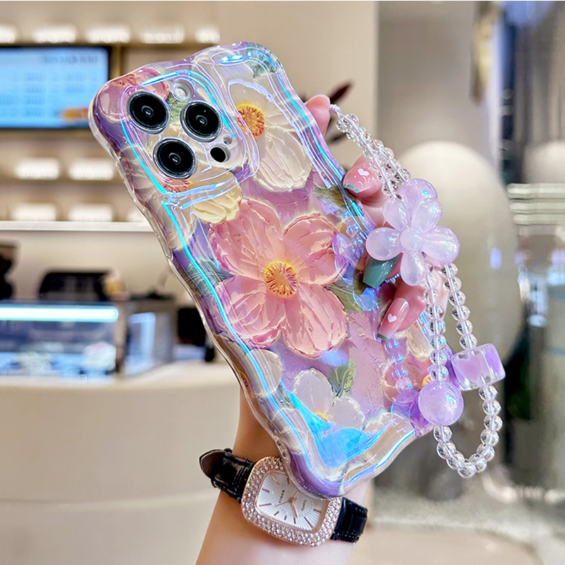 Dành Cho iPhone 16e 16 11 Pro Max Màu Xanh Ánh Sáng Tranh Sơn Dầu Hoa Họa Tiết Ốp Điện Thoại Với Cùng Dây Xích Màu Cho iPhone 14 15 Plus 13 12 Pro Max Chống Sốc Chống Rơi Bìa Cứng