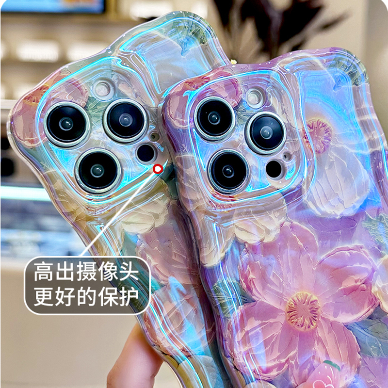 Dành Cho iPhone 16e 16 11 Pro Max Màu Xanh Ánh Sáng Tranh Sơn Dầu Hoa Họa Tiết Ốp Điện Thoại Với Cùng Dây Xích Màu Cho iPhone 14 15 Plus 13 12 Pro Max Chống Sốc Chống Rơi Bìa Cứng