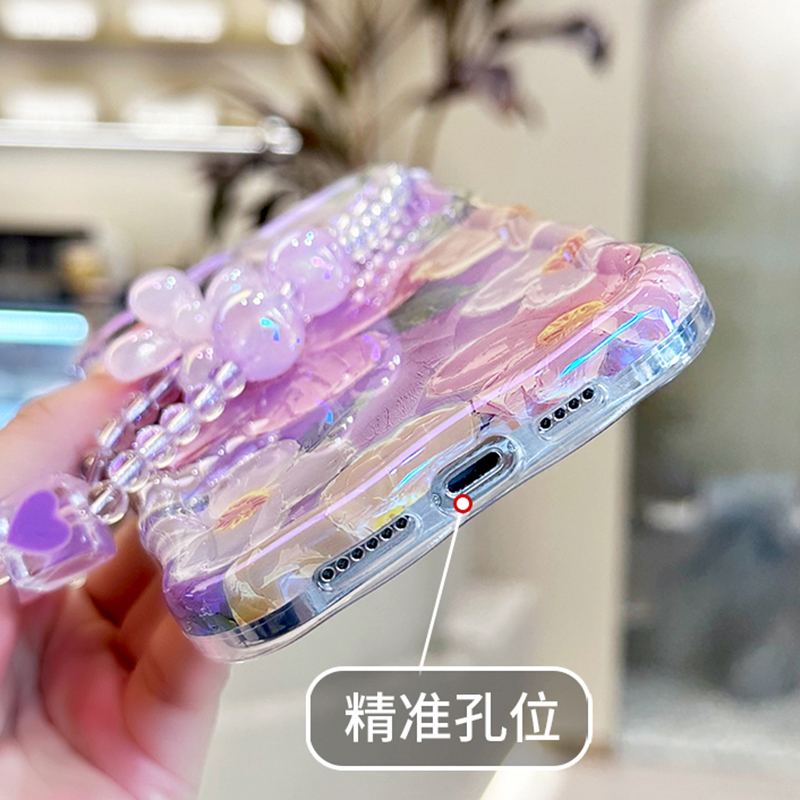 Dành Cho iPhone 16e 16 11 Pro Max Màu Xanh Ánh Sáng Tranh Sơn Dầu Hoa Họa Tiết Ốp Điện Thoại Với Cùng Dây Xích Màu Cho iPhone 14 15 Plus 13 12 Pro Max Chống Sốc Chống Rơi Bìa Cứng