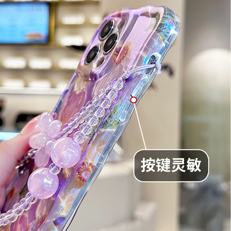 Dành Cho iPhone 16e 16 11 Pro Max Màu Xanh Ánh Sáng Tranh Sơn Dầu Hoa Họa Tiết Ốp Điện Thoại Với Cùng Dây Xích Màu Cho iPhone 14 15 Plus 13 12 Pro Max Chống Sốc Chống Rơi Bìa Cứng