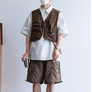 Mountain Series Phong cách chức năng ngoài trời Đa chức năng Quần yếm ngắn Áo vest Thanh niên Phong cách Harajuku cityboy Mặc thường ngày Áo khoác không tay Màu trơn đơn giản Áo ghi lê phù hợp cho mọi trận đấu Áo khoác xếp lớp