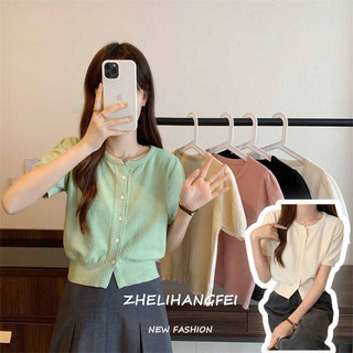 ZHELIHANGFEI Áo Len Tay Ngắn Cổ Tròn Phong Cách Hàn Quốc Mới Cho Nữ