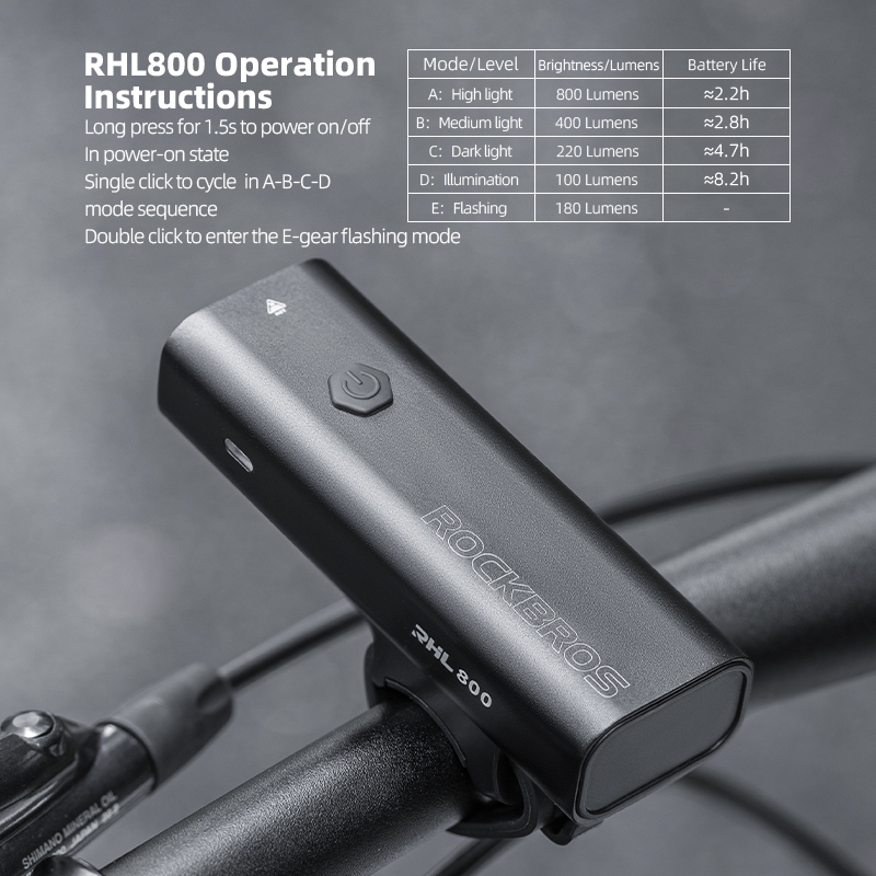 ROCKBROS Chu Kỳ Ánh Sáng 800 Lumen 3000mAh IPX6 Chống Thấm Nước Sạc Hợp Kim Nhôm Vỏ Đi Đêm