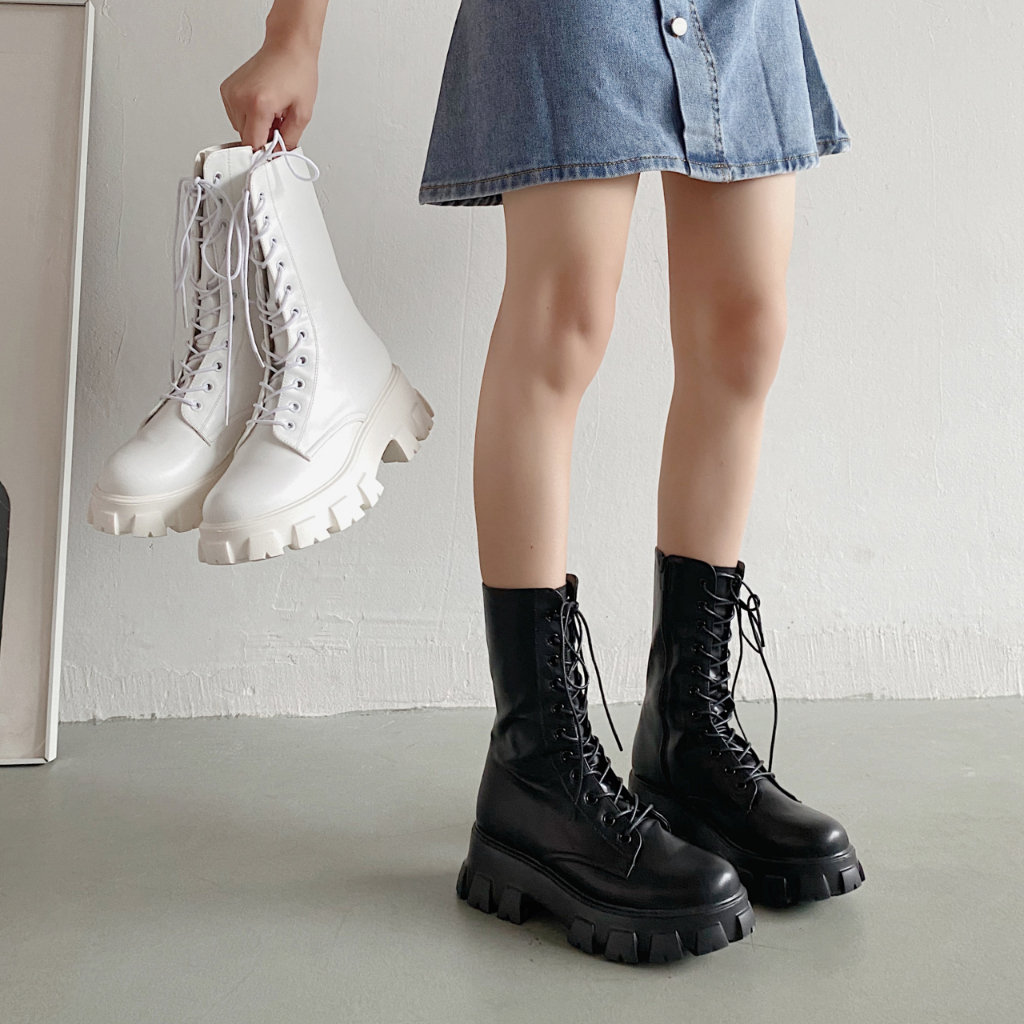 JINxCHOY SHOES BLACKPINK Bốt martin phong cách anh đế dày 6cm, dây kéo bên hông tăng ren,  dài trung bình cổ điển đa năng, bốt nữ thoải mái khi mặc bên ngoài Mùa đông ấm khởi động ngắn sinh viên khởi động ngoài trời khởi động nhà máy giá rẻ giá bán buôn