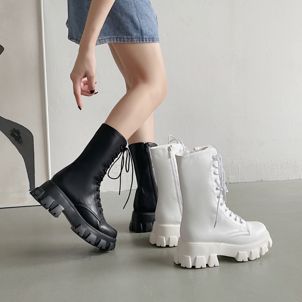 JINxCHOY SHOES BLACKPINK Bốt martin phong cách anh đế dày 6cm, dây kéo bên hông tăng ren,  dài trung bình cổ điển đa năng, bốt nữ thoải mái khi mặc bên ngoài Mùa đông ấm khởi động ngắn sinh viên khởi động ngoài trời khởi động nhà máy giá rẻ giá bán buôn
