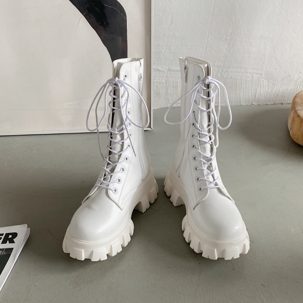 JINxCHOY SHOES BLACKPINK Bốt martin phong cách anh đế dày 6cm, dây kéo bên hông tăng ren,  dài trung bình cổ điển đa năng, bốt nữ thoải mái khi mặc bên ngoài Mùa đông ấm khởi động ngắn sinh viên khởi động ngoài trời khởi động nhà máy giá rẻ giá bán buôn