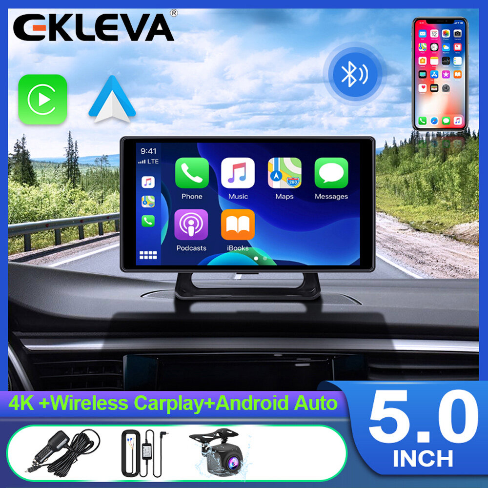 Ảnh Elkeva 5 inch 4K + 1080P Ghi Video trên ô tô Carplay & Android Kết nối không dây tự động Bảng điều hướng GPS DVR AI Voice Bluetooth AUX 1
