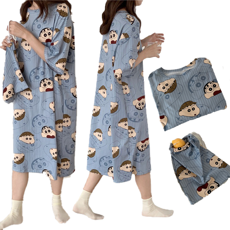 Đầm ngủ Lff0808 tay lỡ form rộng in hoạt hình dễ thương phong cách Hàn Quốc thời trang xuân thu cho nữ