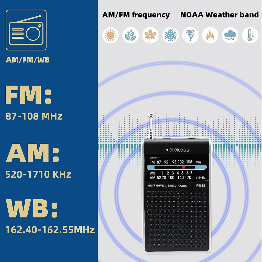 Ảnh Đầu máy Radio RETEKESS PR15 FM AM NOAA kiểu dáng mini cầm tay có cảnh báo thời tiết chuyên dụng 2