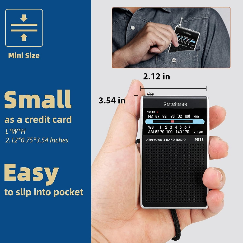 Ảnh Đầu máy Radio RETEKESS PR15 FM AM NOAA kiểu dáng mini cầm tay có cảnh báo thời tiết chuyên dụng 3