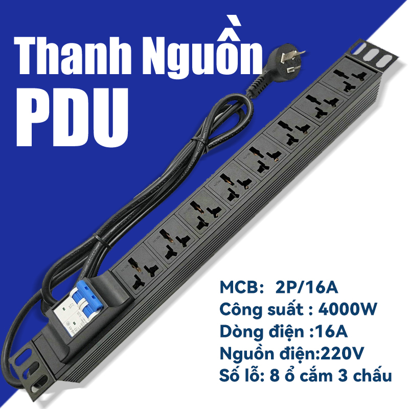 Ổ Cắm Điện Thanh Nguồn PDU 8 Chấu MCB 2P16A，4000W 16A cho tủ Mạng-Rack ...