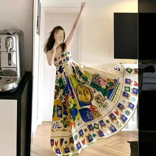 Phong cách hàn quốc phụ nữ cổ điển in áo dài maxi không tay quá khổ đã sẵn sàng cổ mới