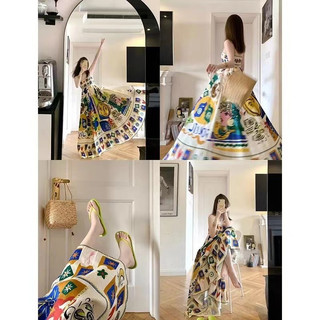 Phong cách hàn quốc phụ nữ cổ điển in áo dài maxi không tay quá khổ đã sẵn sàng cổ mới