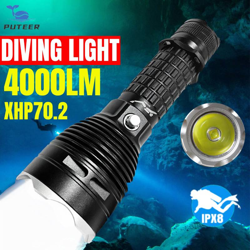 Đèn lặn Puteer D51 4000LM XHP70 LED, chống nước sâu 100m, dây đeo vai điều chỉnh, công suất 30W mạnh mẽ