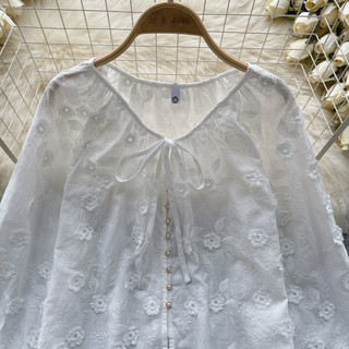 Phong Cách Hàn Quốc Nữ Nữ Thêu Rời Hoa Đèn Lồng Áo Sơ Mi Tay Dài Áo Baju Baju Wanita Lengan Panjang Hàng Mới Sẵn Có