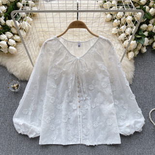 Phong Cách Hàn Quốc Nữ Nữ Thêu Rời Hoa Đèn Lồng Áo Sơ Mi Tay Dài Áo Baju Baju Wanita Lengan Panjang Hàng Mới Sẵn Có