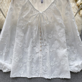 Phong Cách Hàn Quốc Nữ Nữ Thêu Rời Hoa Đèn Lồng Áo Sơ Mi Tay Dài Áo Baju Baju Wanita Lengan Panjang Hàng Mới Sẵn Có