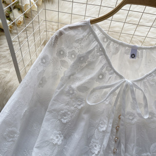 Phong Cách Hàn Quốc Nữ Nữ Thêu Rời Hoa Đèn Lồng Áo Sơ Mi Tay Dài Áo Baju Baju Wanita Lengan Panjang Hàng Mới Sẵn Có