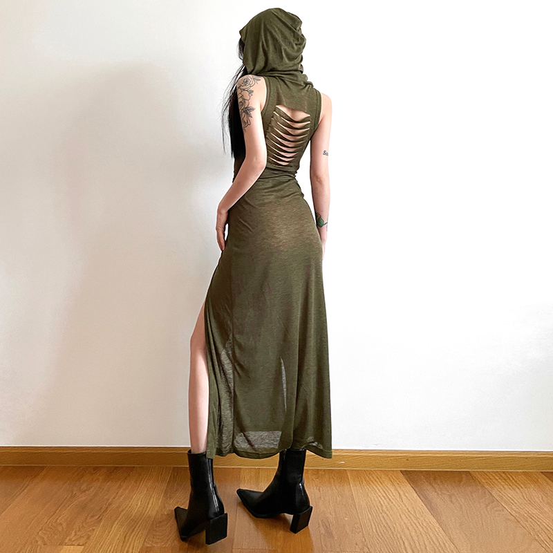Cutenew vintage sexy women hollow-out design high split không tay có mũ trùm đầu váy maxi mỏng đơn giản váy dệt kim trơn