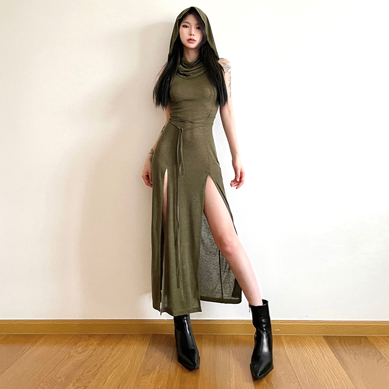 Cutenew vintage sexy women hollow-out design high split không tay có mũ trùm đầu váy maxi mỏng đơn giản váy dệt kim trơn