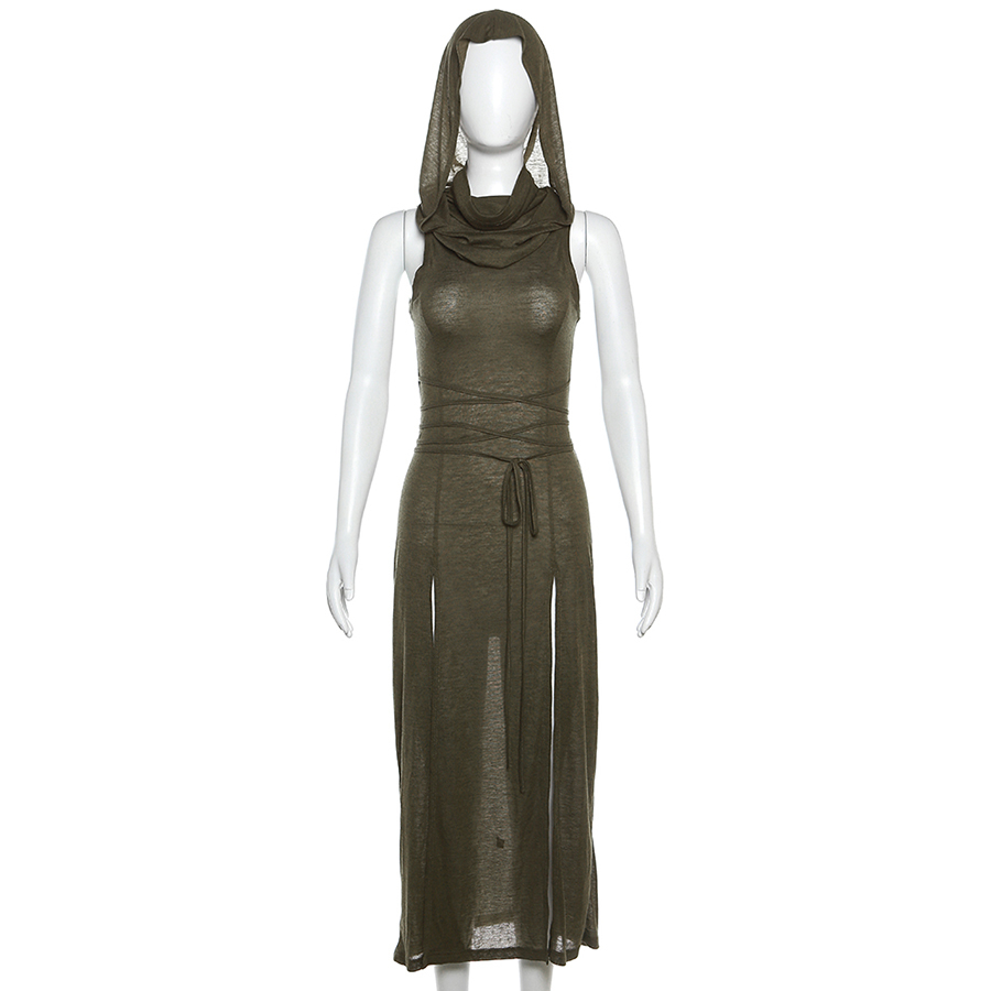 Cutenew vintage sexy women hollow-out design high split không tay có mũ trùm đầu váy maxi mỏng đơn giản váy dệt kim trơn