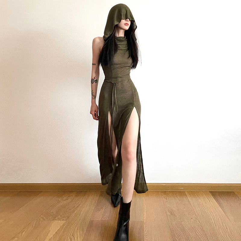 Cutenew vintage sexy women hollow-out design high split không tay có mũ trùm đầu váy maxi mỏng đơn giản váy dệt kim trơn
