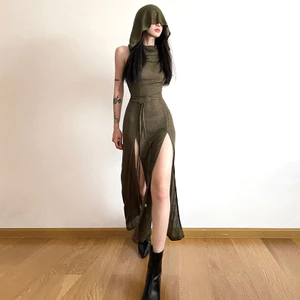 Cutenew vintage sexy women hollow-out design high split không tay có mũ trùm đầu váy maxi mỏng đơn giản váy dệt kim trơn