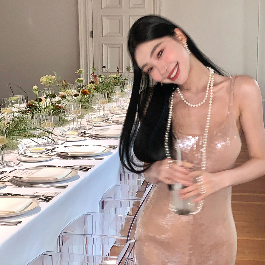 Đầm maxi dài Cutenew hai dây không tay ôm dáng vừa vặn sequin sáng bóng thanh lịch quyến rũ sexy cho nữ dự tiệc