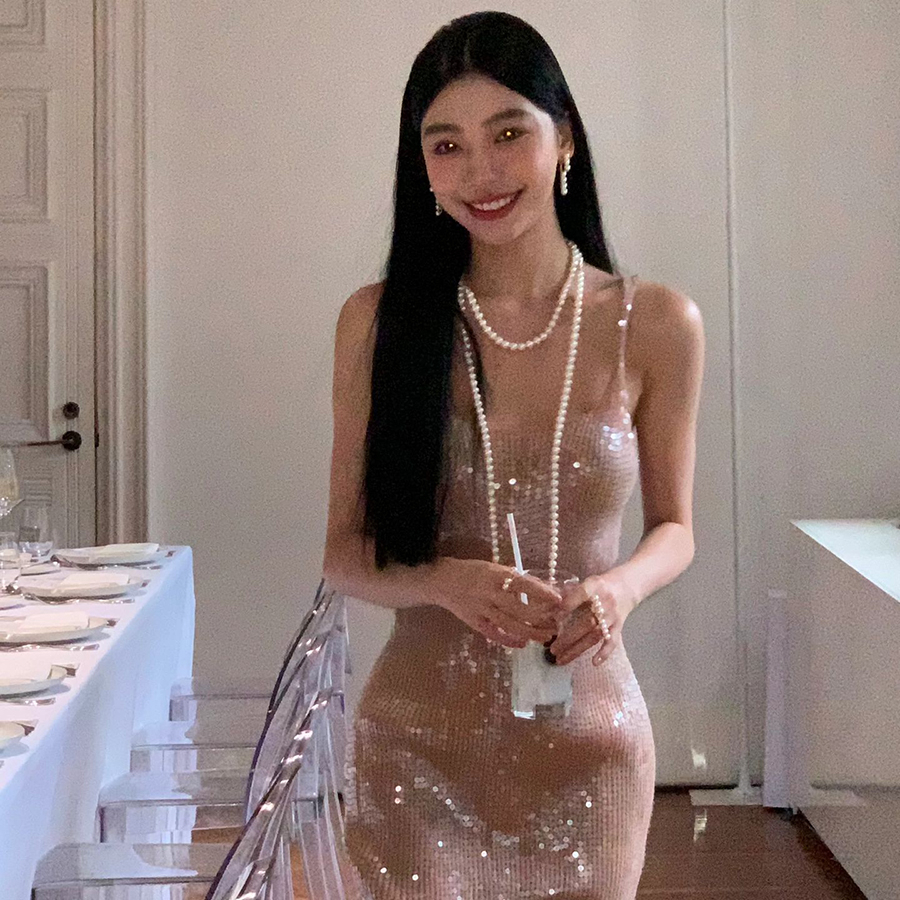 Đầm maxi dài Cutenew hai dây không tay ôm dáng vừa vặn sequin sáng bóng thanh lịch quyến rũ sexy cho nữ dự tiệc