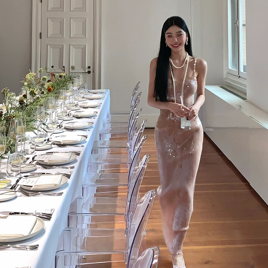 Đầm maxi dài Cutenew hai dây không tay ôm dáng vừa vặn sequin sáng bóng thanh lịch quyến rũ sexy cho nữ dự tiệc