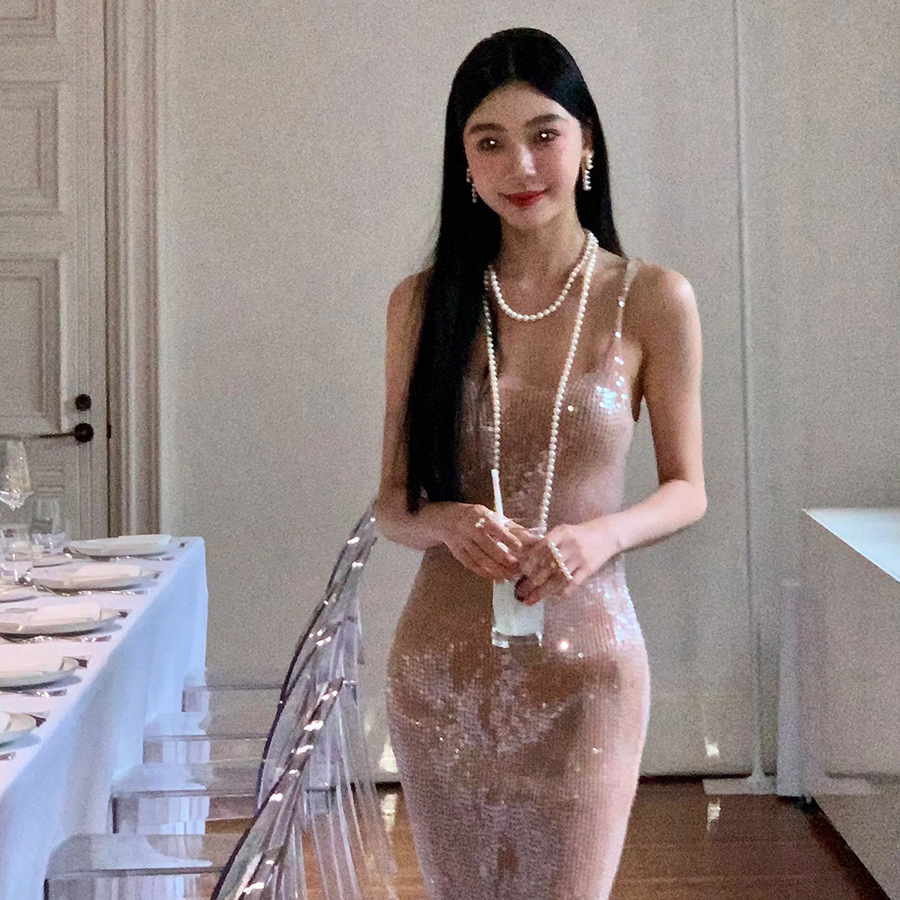 Đầm maxi dài Cutenew hai dây không tay ôm dáng vừa vặn sequin sáng bóng thanh lịch quyến rũ sexy cho nữ dự tiệc