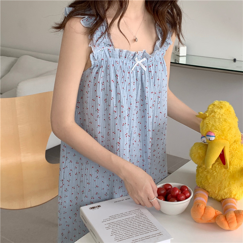 Bong bóng cotton gạc đồ ngủ mùa hè phụ nữ sling nightdress influencer dễ thương ngọt ngào đồ mặc nhà