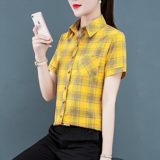 Áo Sơ Mi Kẻ Sọc Đỏ Vàng Nữ Tay Ngắn Áo Sơ Mi Nữ Đáy Top
